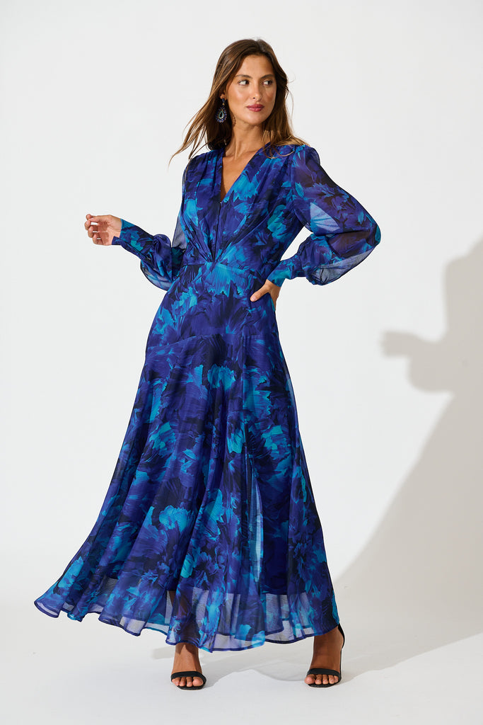 Martina Maxi Dress in Blue Watercolour Chiffon full length