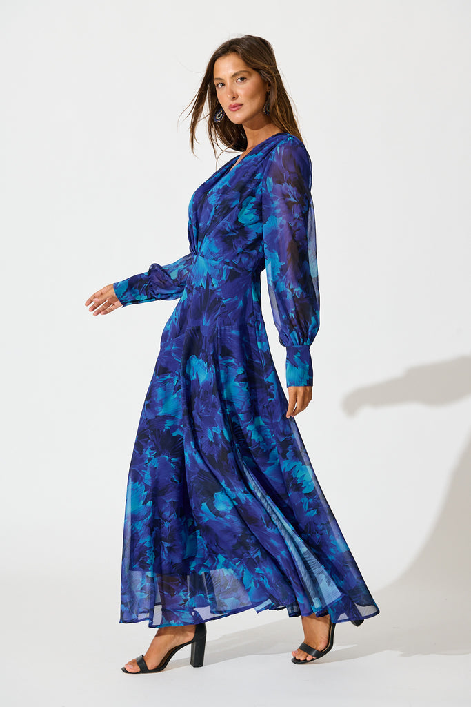 Martina Maxi Dress in Blue Watercolour Chiffon side