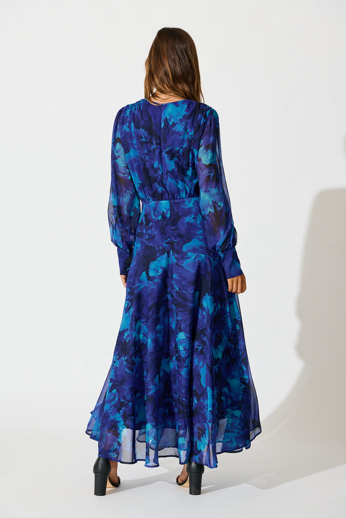 Martina Maxi Dress in Blue Watercolour Chiffon back