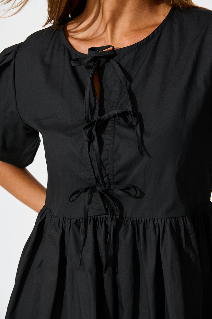 Sofia Tie Front Dress in Black Cotton detail