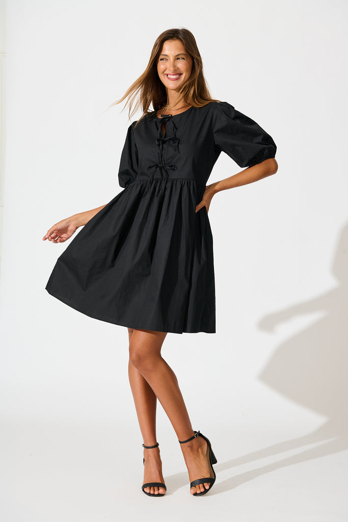 Sofia Tie Front Dress in Black Cotton full length