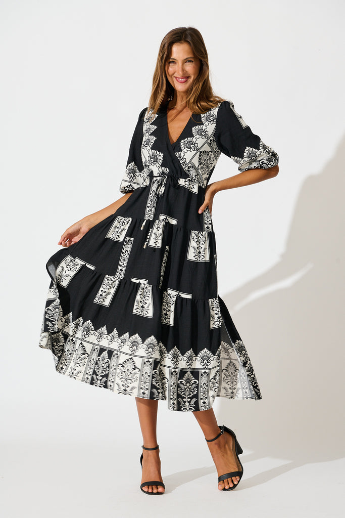 Paradise Midi Dress in Black Border Print full length