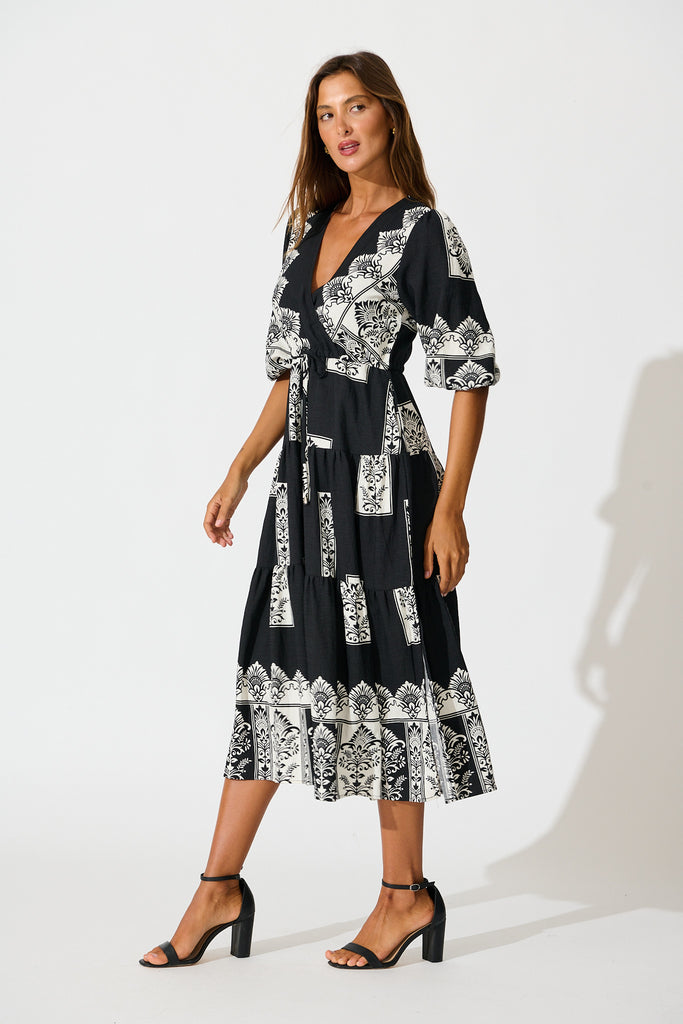 Paradise Midi Dress in Black Border Print side