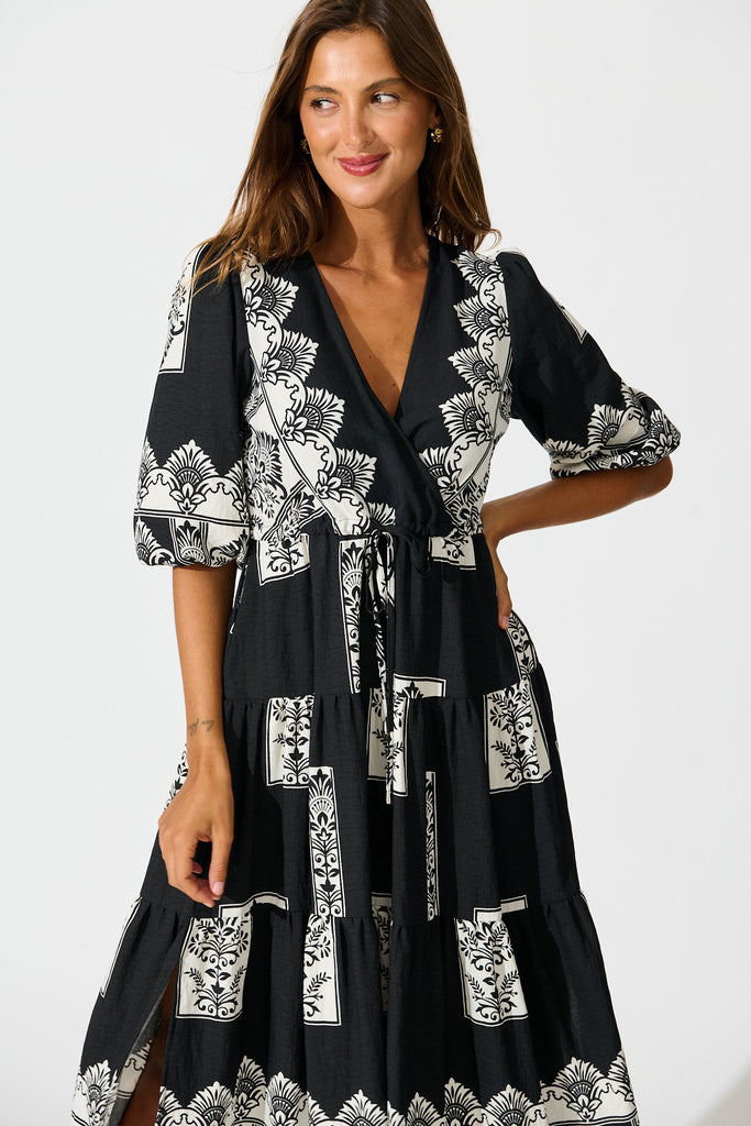 Paradise Midi Dress in Black Border Print front