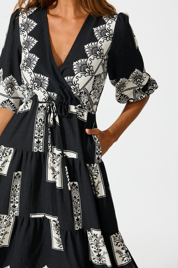 Paradise Midi Dress in Black Border Print detail