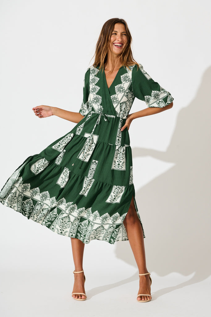 Paradise Midi Dress in Emerald Green Border Print full length