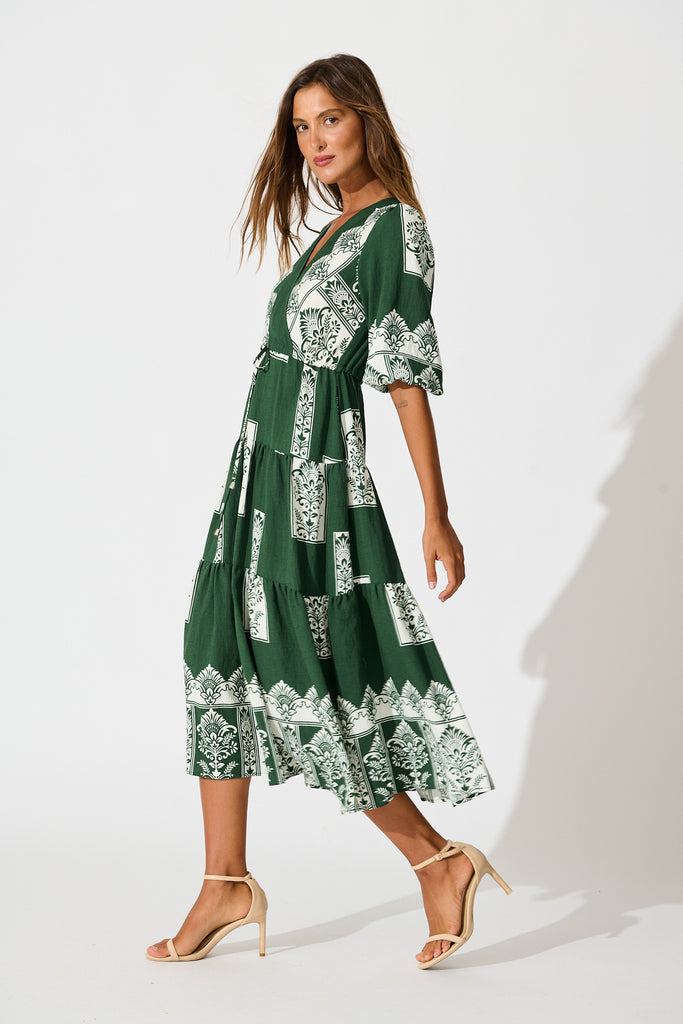 Paradise Midi Dress in Emerald Green Border Print side