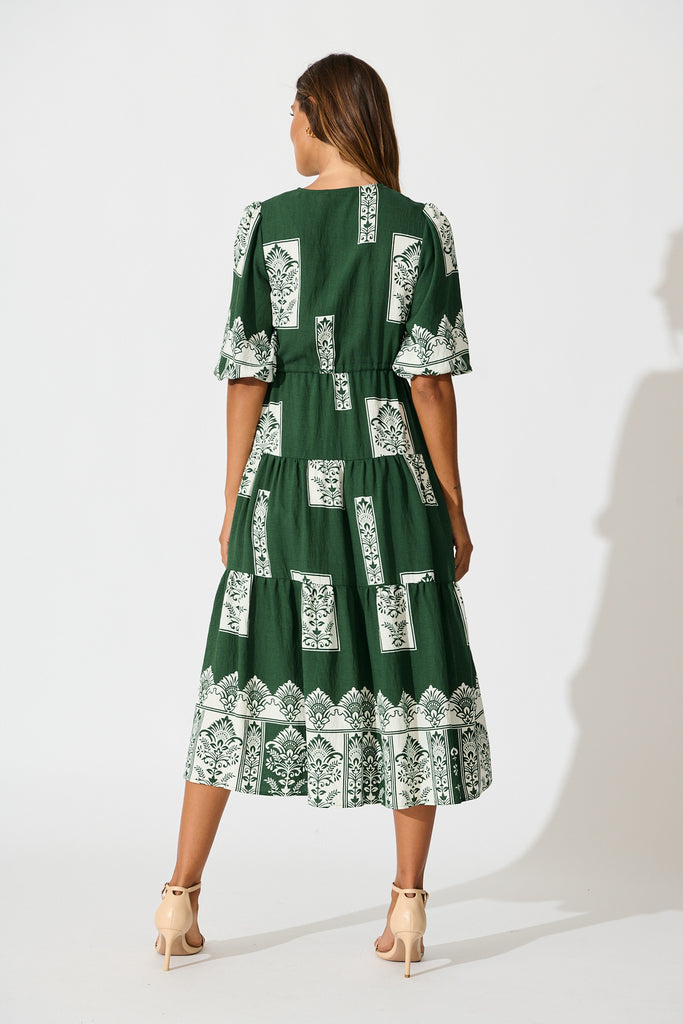 Paradise Midi Dress in Emerald Green Border Print back