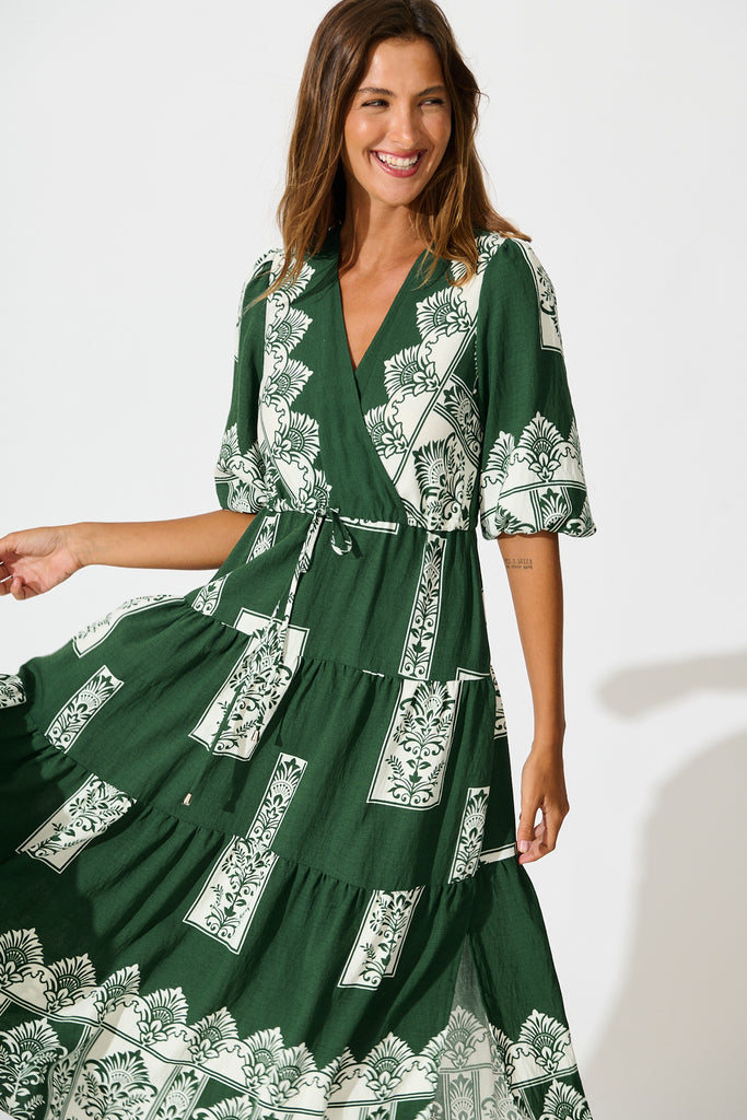 Paradise Midi Dress in Emerald Green Border Print front