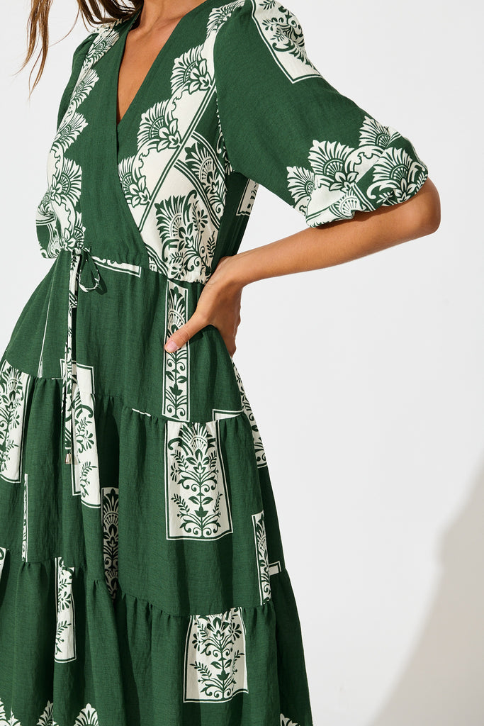 Paradise Midi Dress in Emerald Green Border Print detail