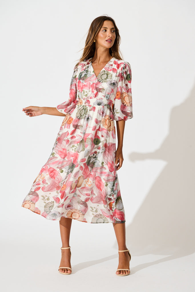 Love Story Midi Dress in Multi Pink Floral Print full length