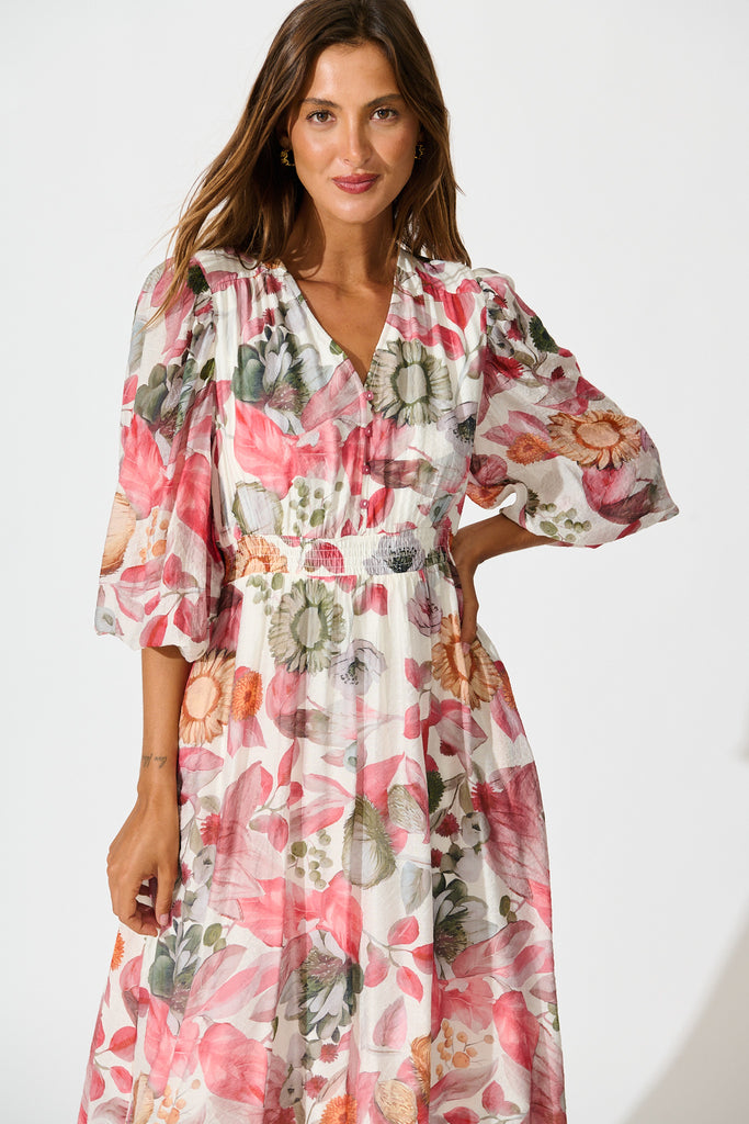 Love Story Midi Dress in Multi Pink Floral Print front