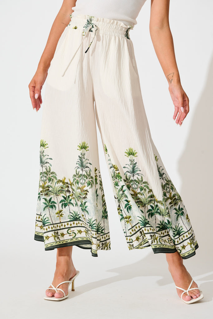 Mariah Pant in Cream with Green Palm Tree Border Print