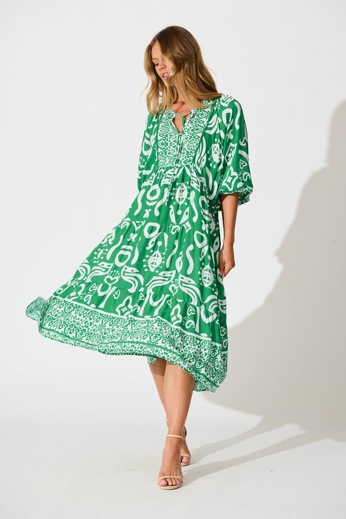 Barrymore Midi Smock Dress in Green Print