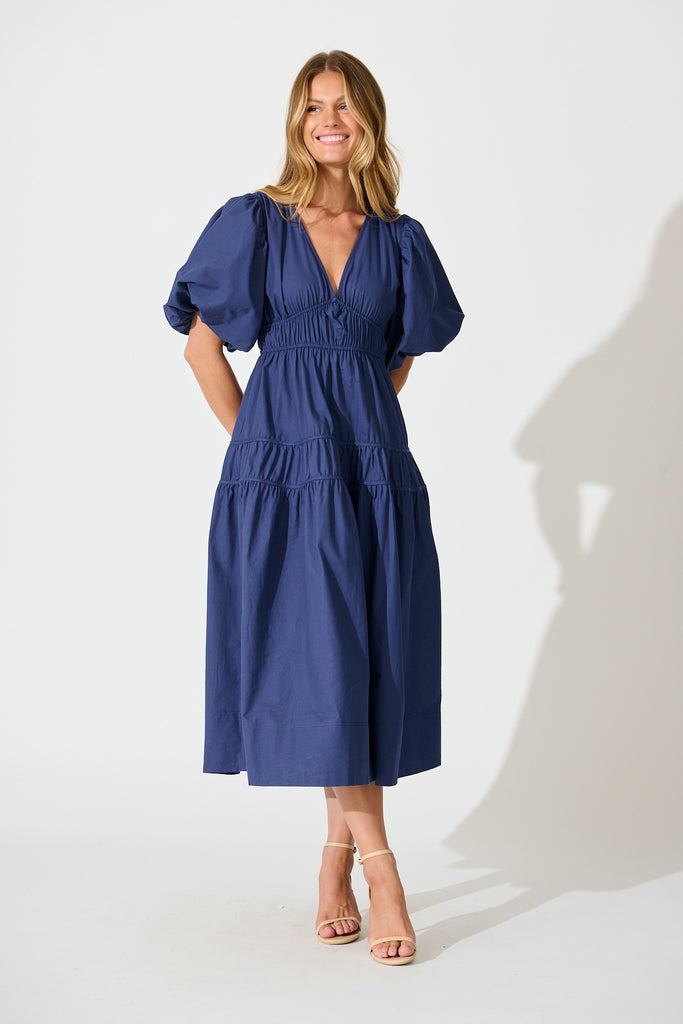 Amalie Midi Dress In Navy Cotton full length