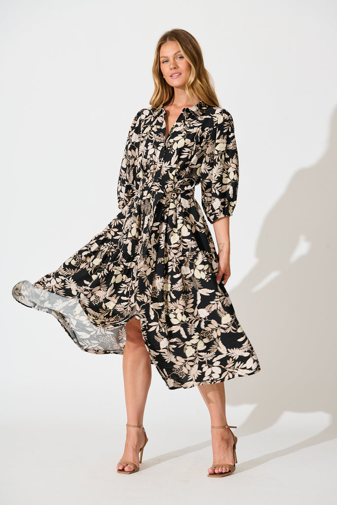 Martina Midi Shirt Dress in Black with Beige Leaf Print full length