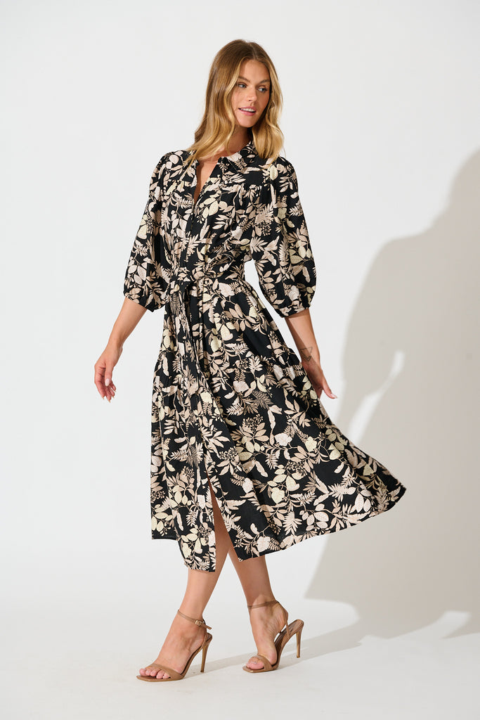 Martina Midi Shirt Dress in Black with Beige Leaf Print side