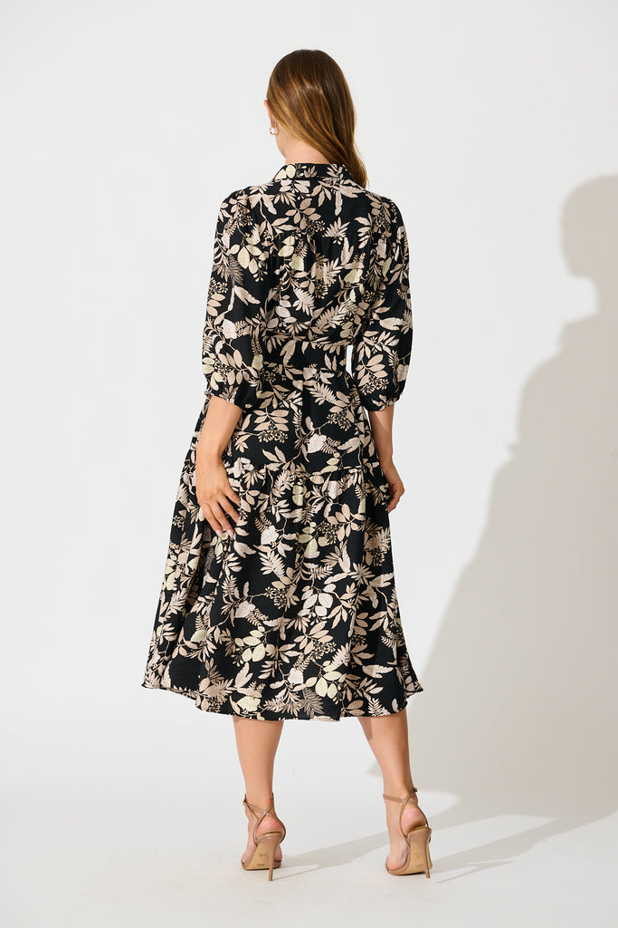 Martina Midi Shirt Dress in Black with Beige Leaf Print back