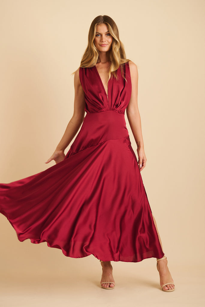 Jenibelle Maxi Dress in Wine Satin