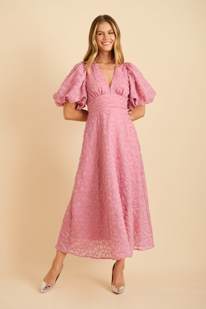 Countess Maxi Dress in Pink Embroidered Organza