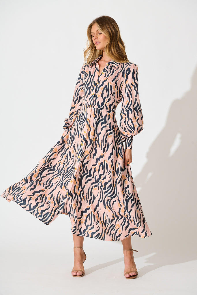 Ciao Bella Maxi Shirt Dress in Blush with Black Print