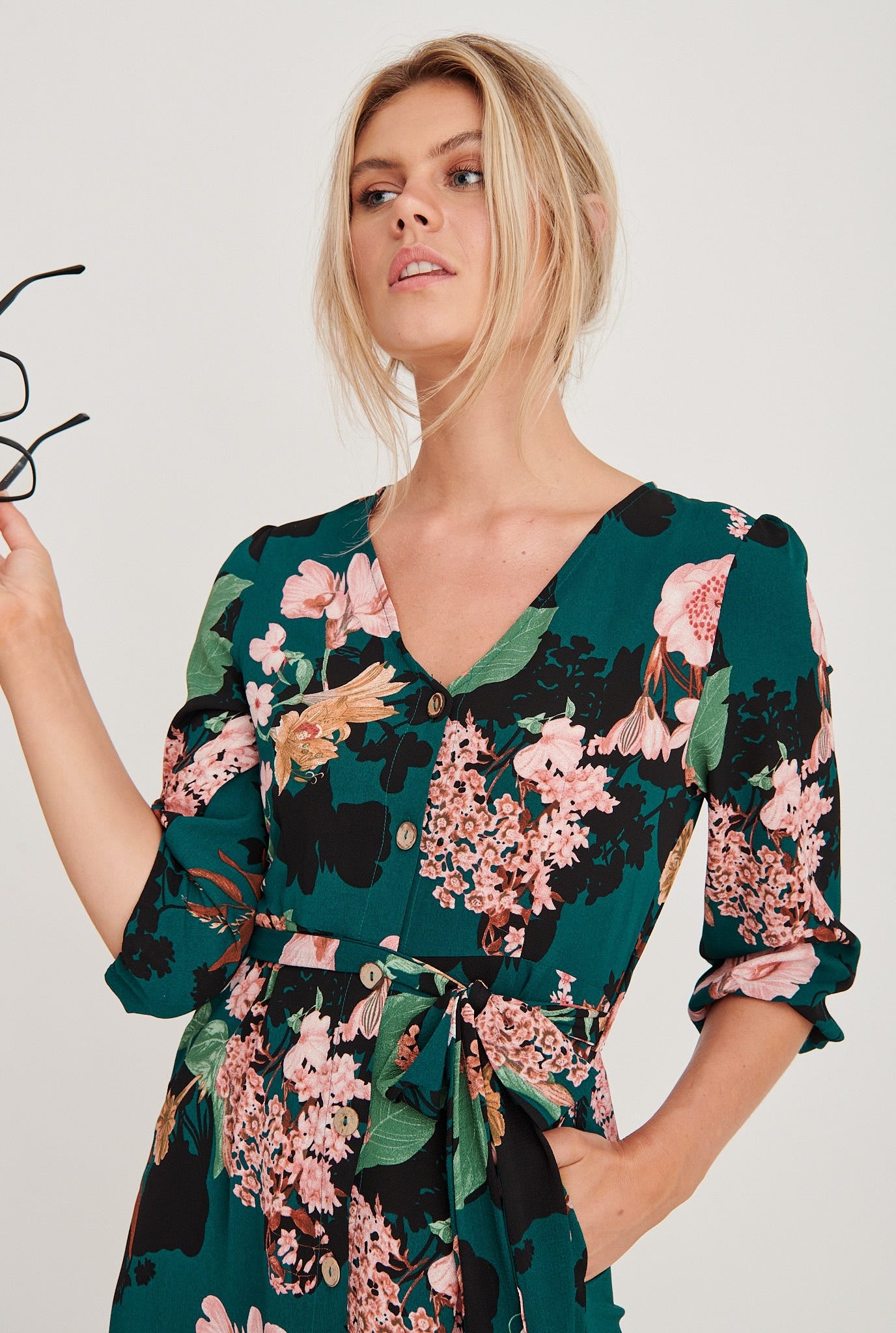 Cora Midi Dress in Green with Apricot Floral – St Frock
