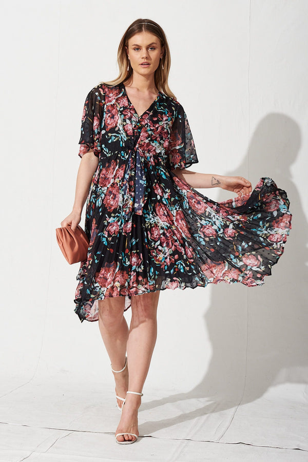 Blakely Dress in Charcoal with Multi Floral Chiffon – St Frock