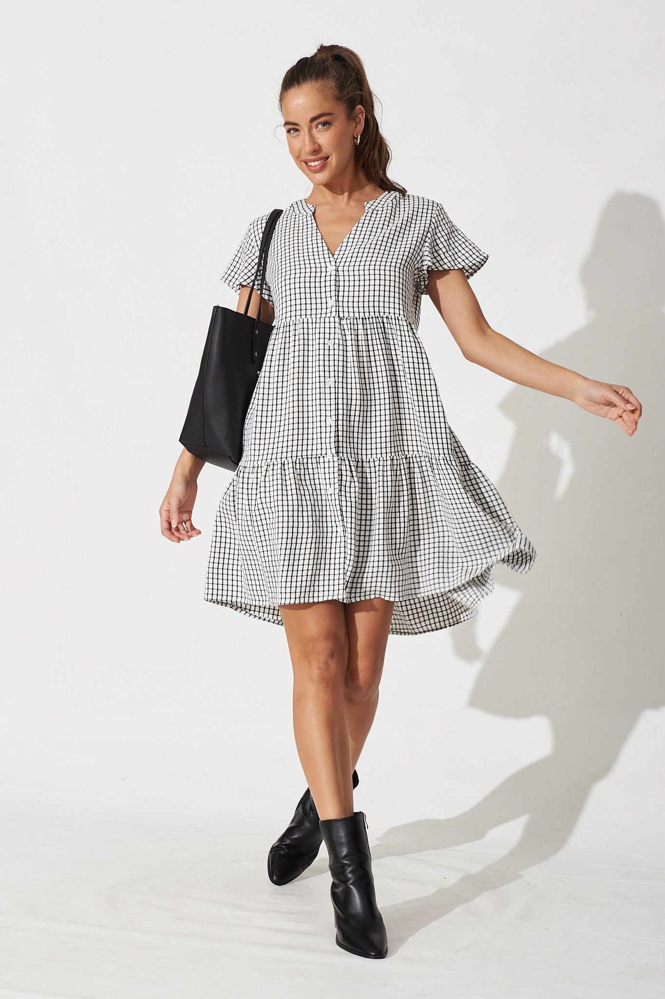 Shelby Shirt Dress in White with Black Check - Full Length