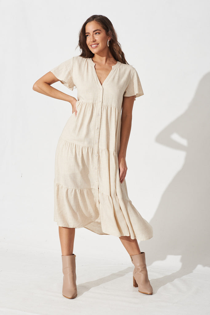Marvela Midi Shirt Dress in Beige Linen Blend - Full Length
