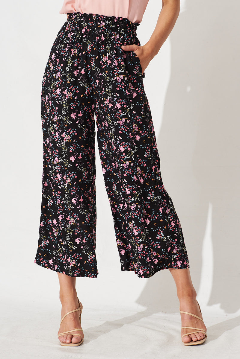 Alya Pants In Black With Pink Floral – St Frock