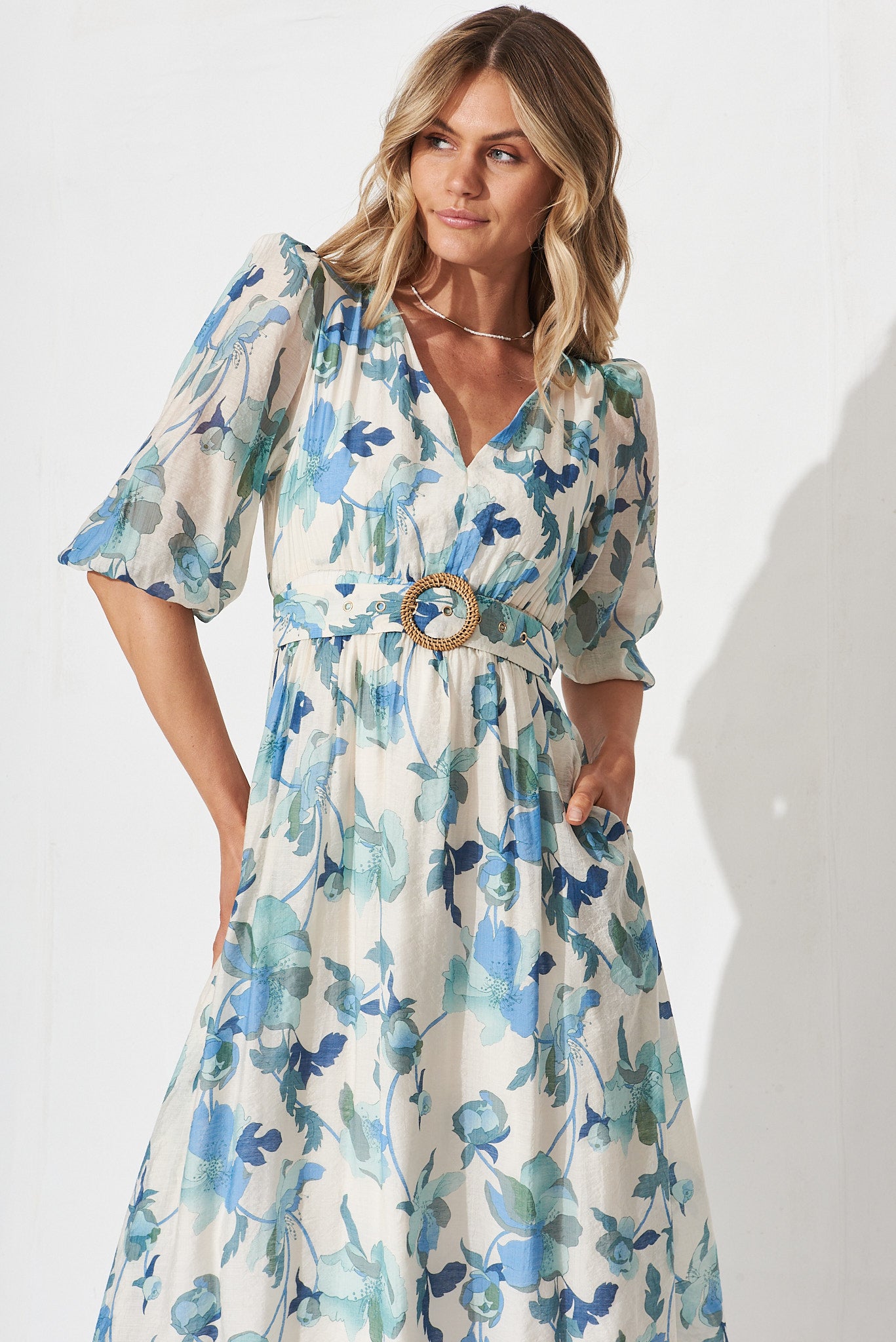 White Floral With Frock In Dress Maxi Adrina St Blue –