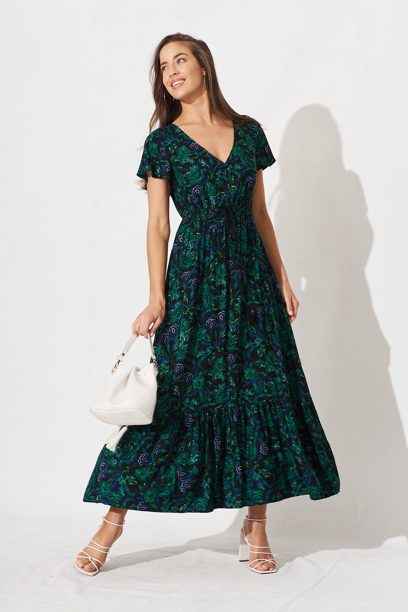 Ingra Maxi Dress In Emerald With Green And Blue Floral – St Frock