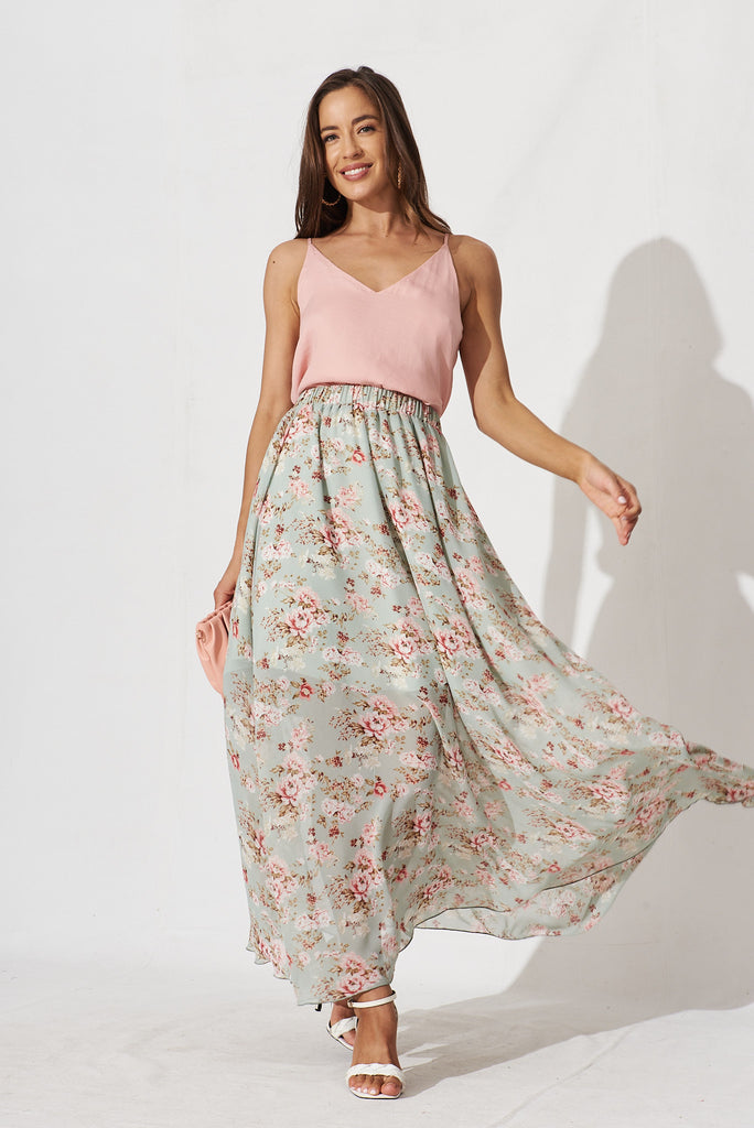 Mirima Maxi Skirt In Mint With Blush Floral Chiffon - full length