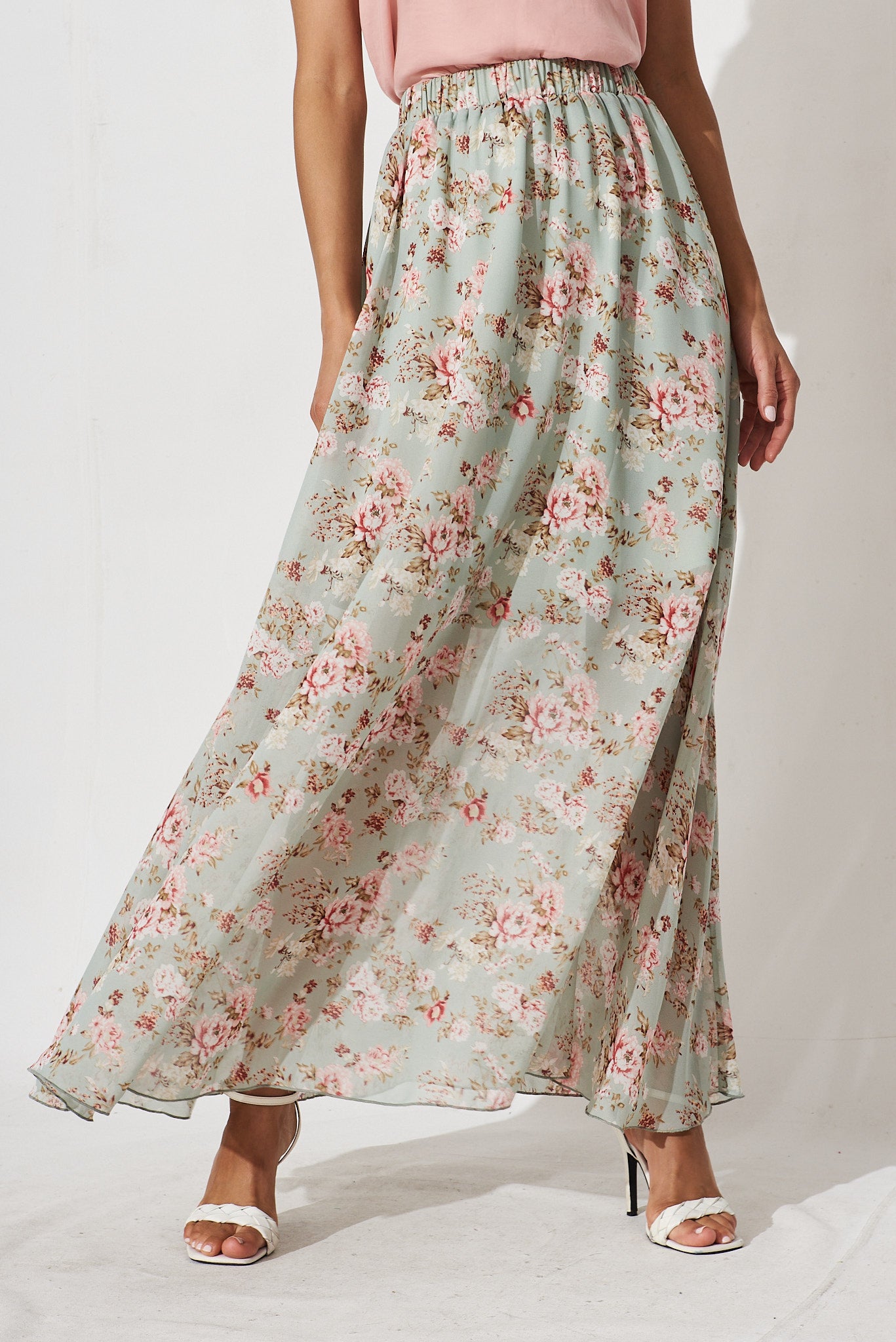 Mirima Maxi Skirt In Mint With Blush Floral Chiffon - front