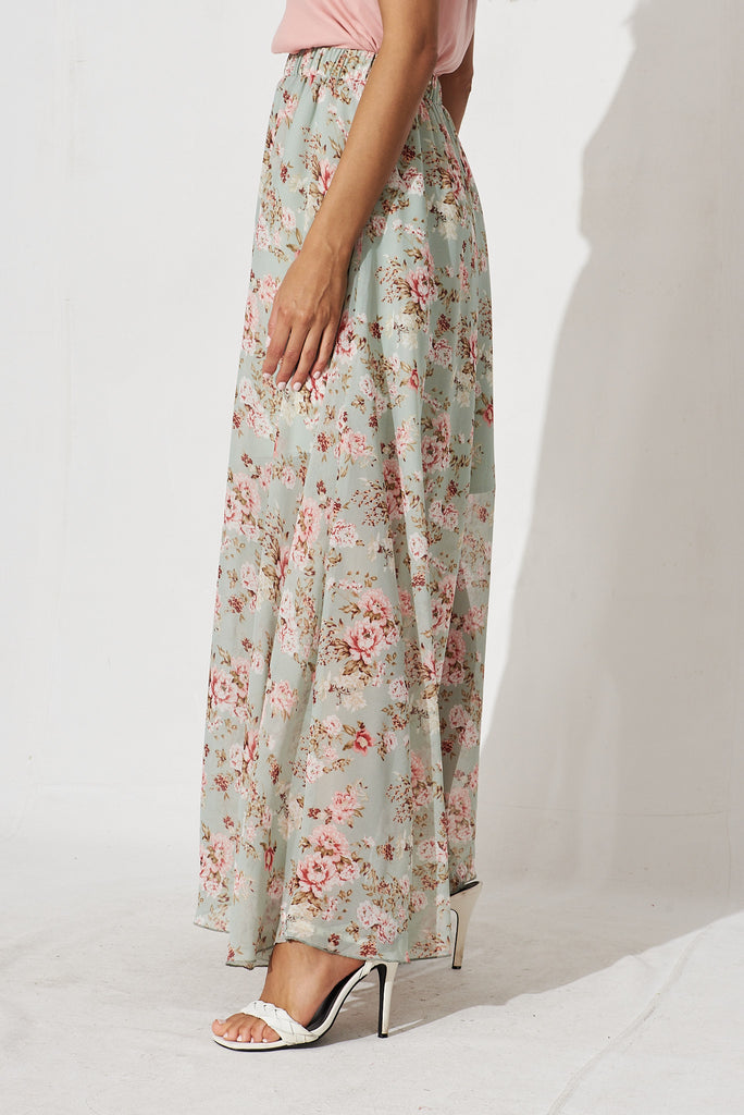 Mirima Maxi Skirt In Mint With Blush Floral Chiffon - side