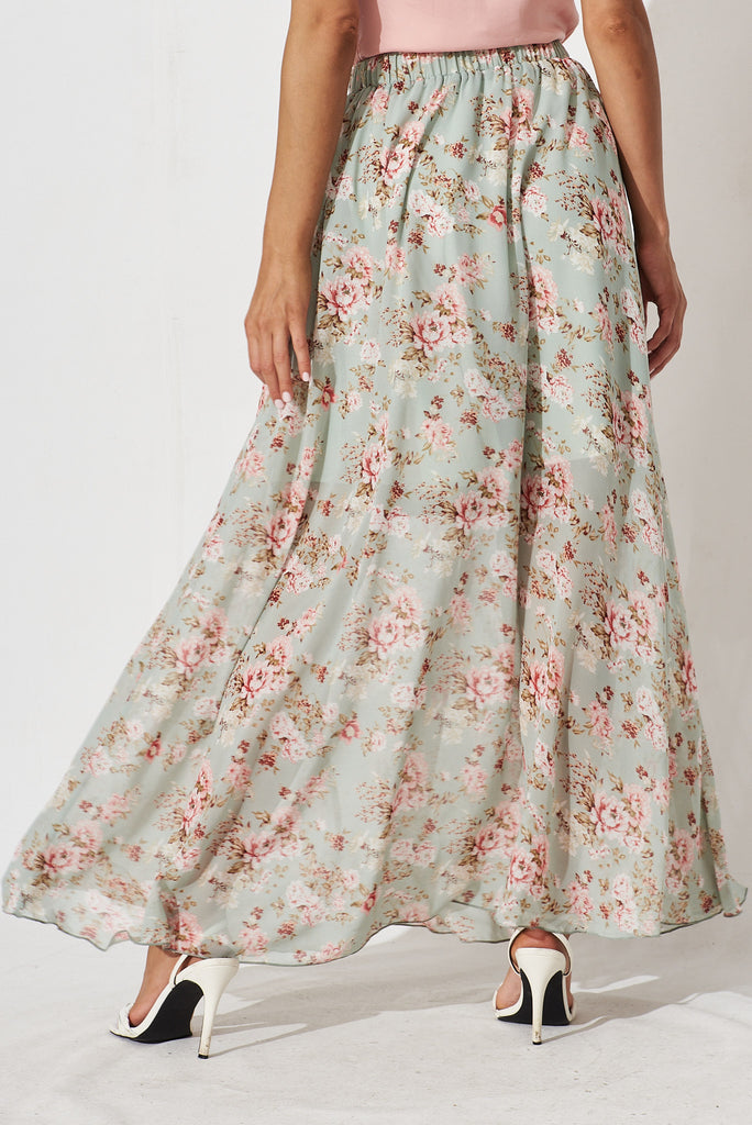 Mirima Maxi Skirt In Mint With Blush Floral Chiffon - back