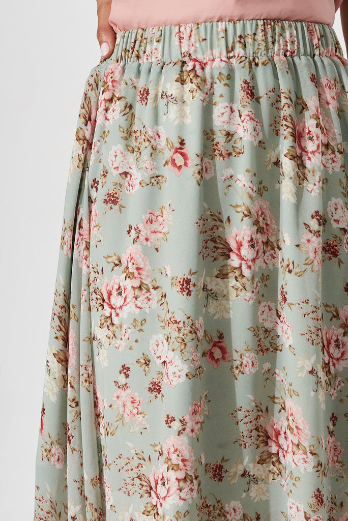 Mirima Maxi Skirt In Mint With Blush Floral Chiffon - detail