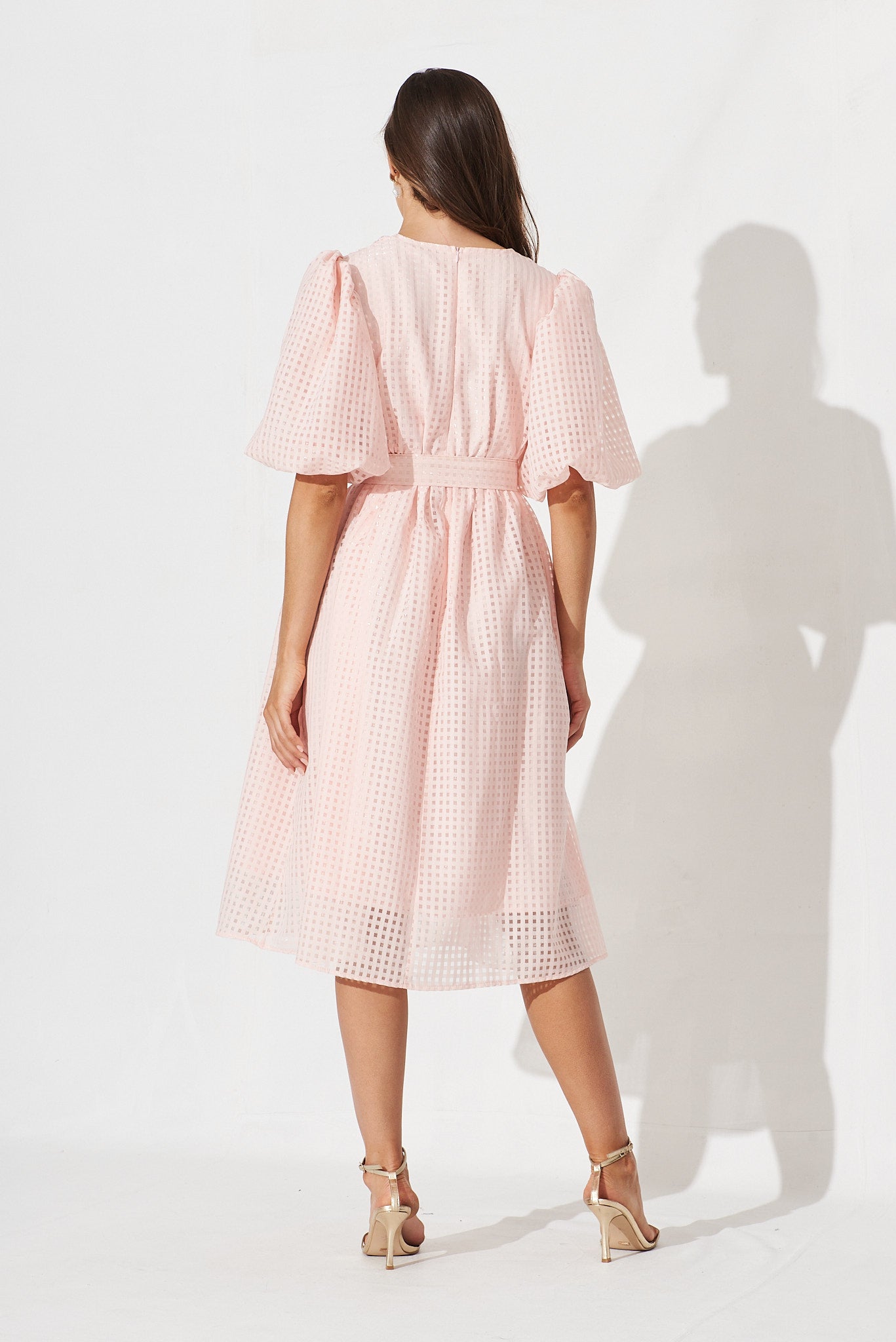 Influence puff sleeve tiered midi dress in pink gingham