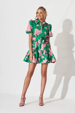 Fione Shirt Dress In Green With Pink Floral – St Frock