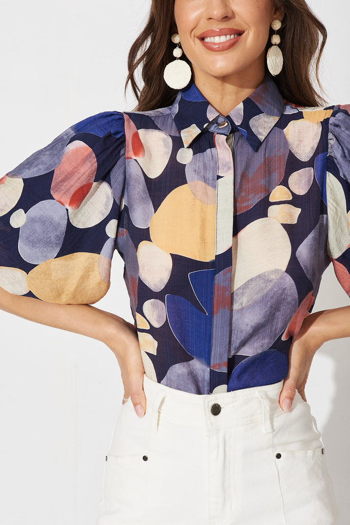 Aeryn Shirt In Navy With Multi Print - detail