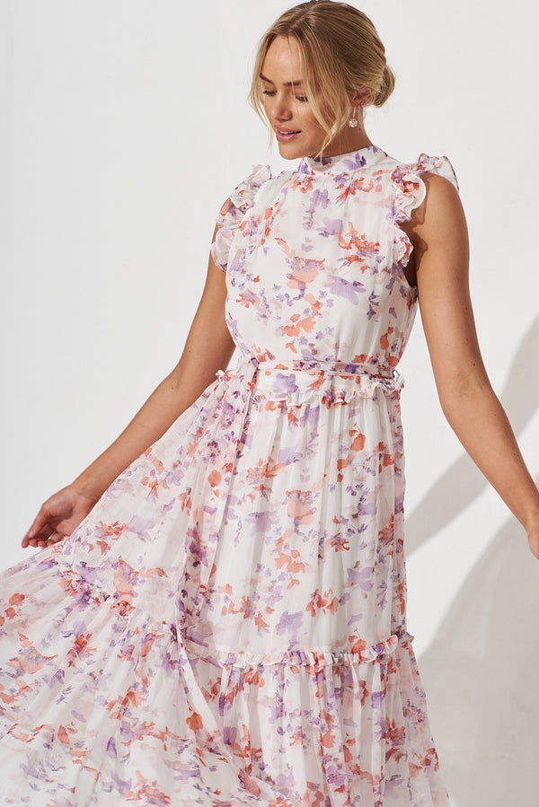Gomera Midi Dress In White With Pink Floral Chiffon – St Frock