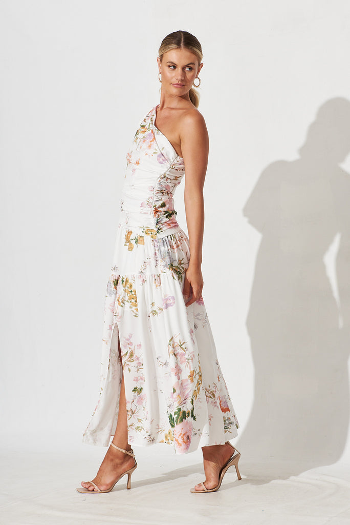 Berlyn Off Shoulder Maxi Dress White With Pink Floral - left side