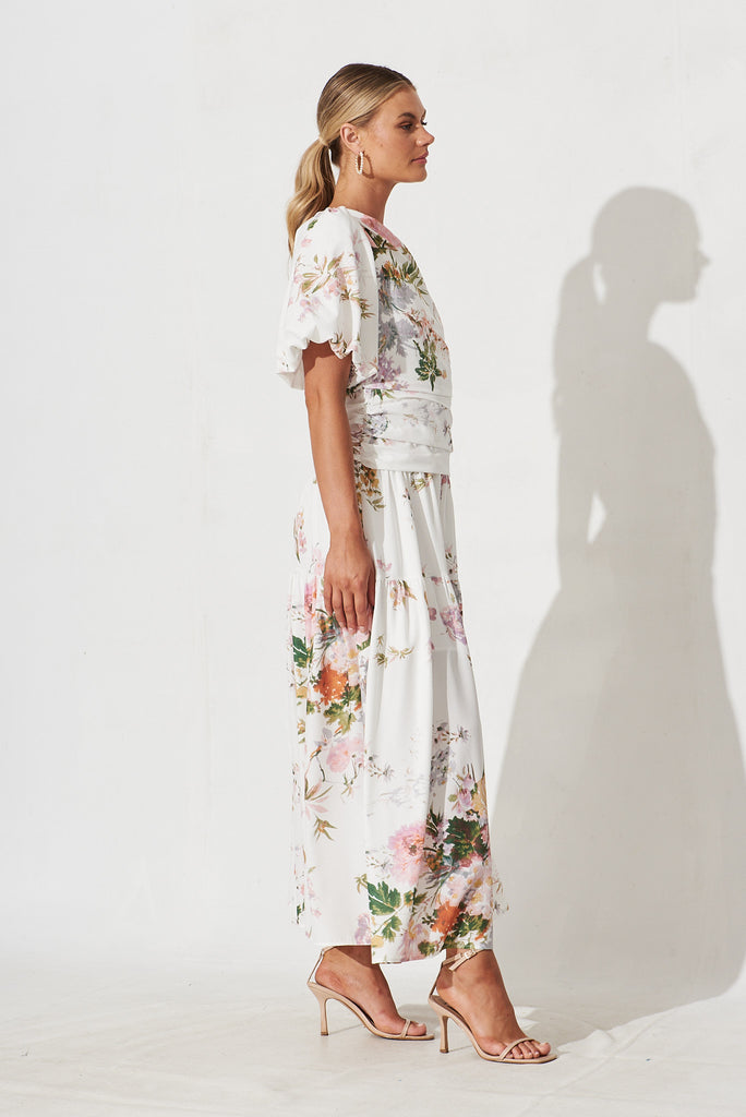 Berlyn Off Shoulder Maxi Dress White With Pink Floral - right side