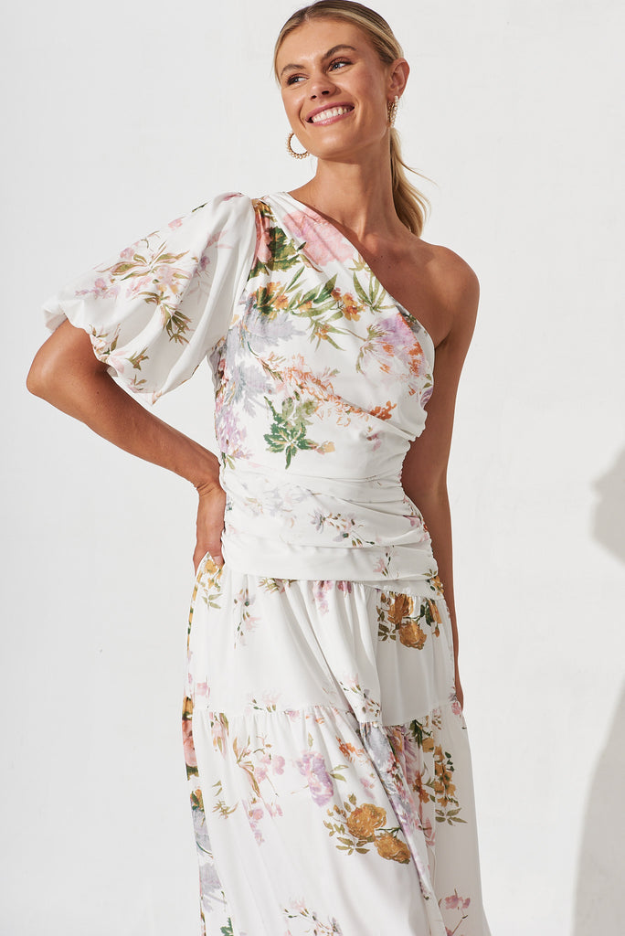 Berlyn Off Shoulder Maxi Dress White With Pink Floral - front