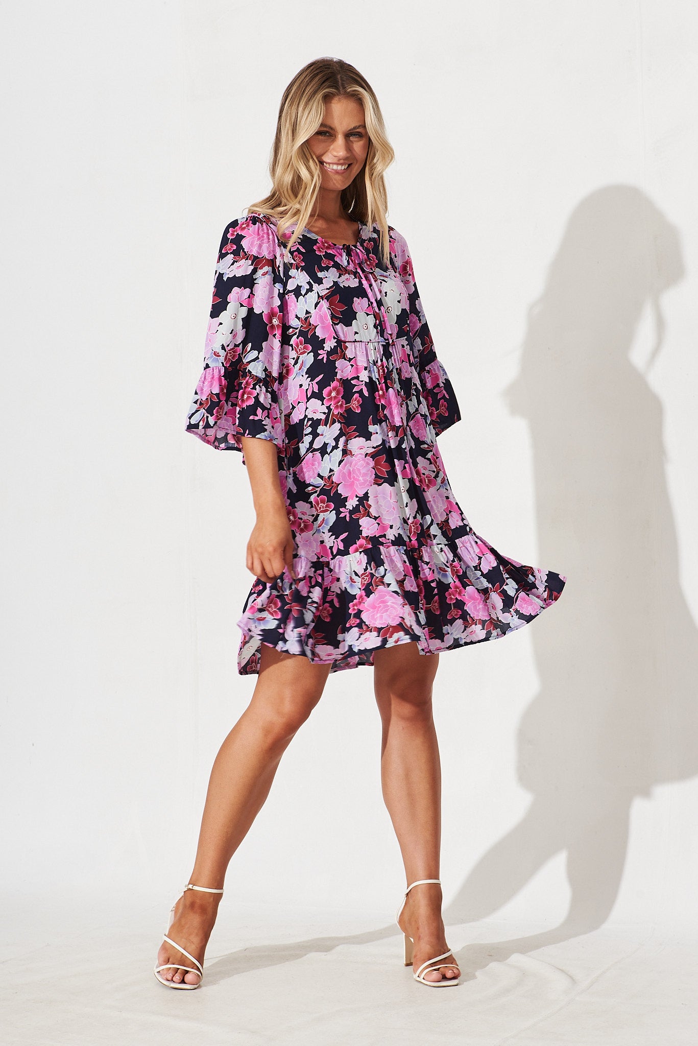 Caressa Dress In Navy With Pink Floral - full length