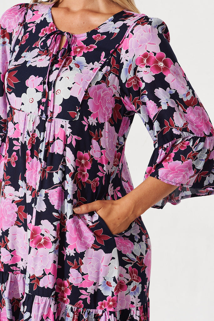 Caressa Dress In Navy With Pink Floral - detail