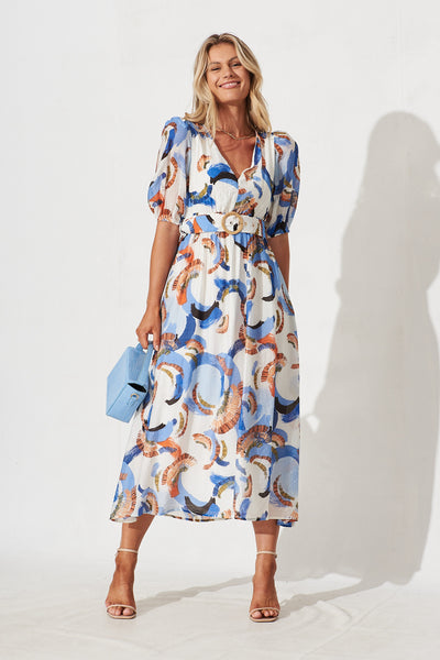 Lori Midi Dress In White With Blue Floral Cotton – St Frock