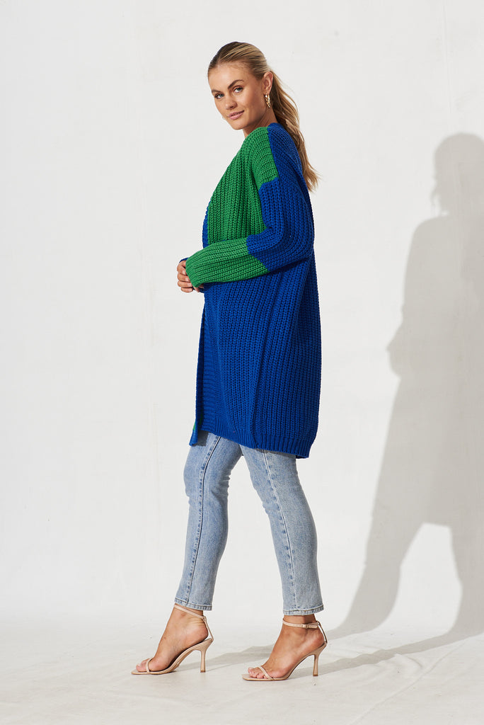 Spezia Knit Cardigan In Blue And Green Colourblock Cotton Blend - side