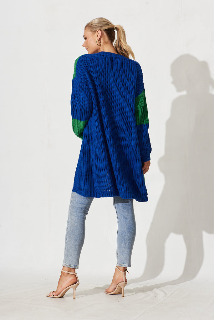 Spezia Knit Cardigan In Blue And Green Colourblock Cotton Blend - back