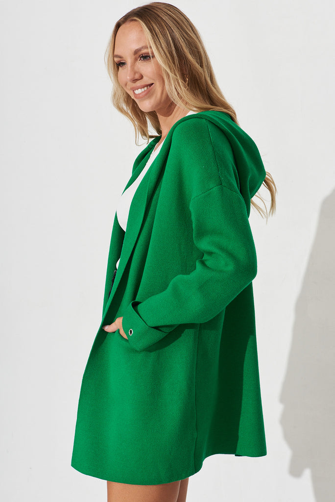 Leagrave Knit Hood Cardigan In Green Wool Blend - side